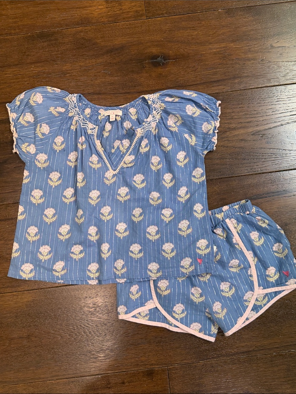 Pink Chicken - Girls Ava Top Periwinkle Blue Floral Bud Matching Shorts Set - 8Y
